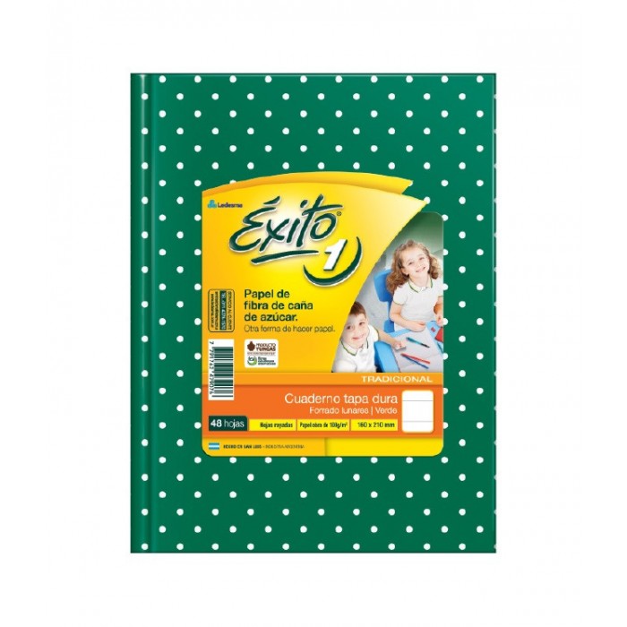 Cuaderno exito tapa dura  16x21 48hjs. verde lunares