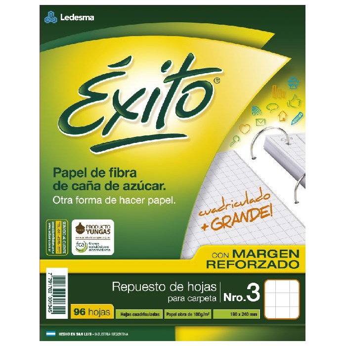 Repuesto escolar exito cuadxl x 96 hojas con band