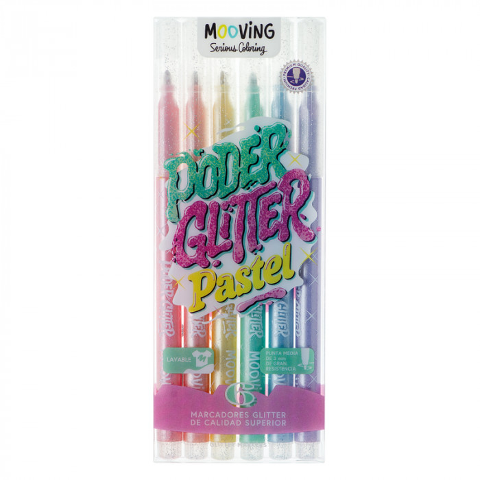 Marcadores fibra mooving x 6 pastel glitter