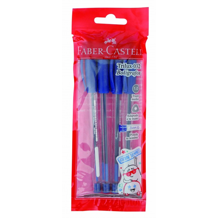 Boligrafo faber castell  trilux 032 azul blister x4