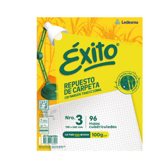 REPUESTO ESCOLAR EXITO CUADRICULADO x 96 HOJAS CON BANDA